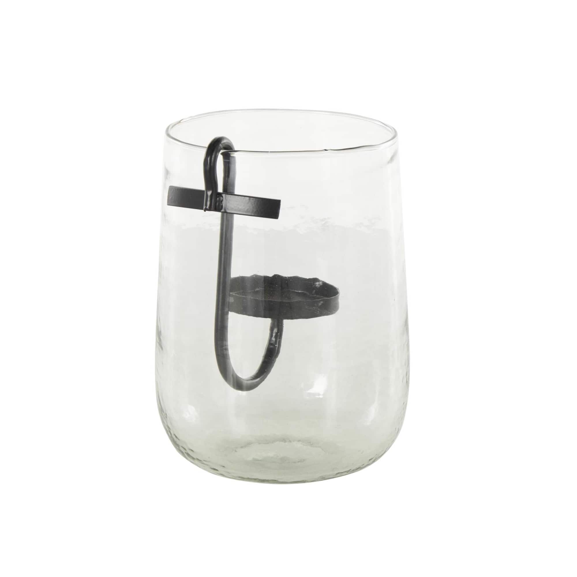 9" Clear Glass Candle Holder with Black Metal Accents
